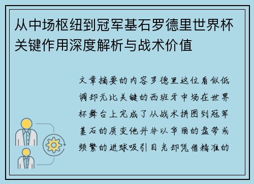 从中场枢纽到冠军基石罗德里世界杯关键作用深度解析与战术价值
