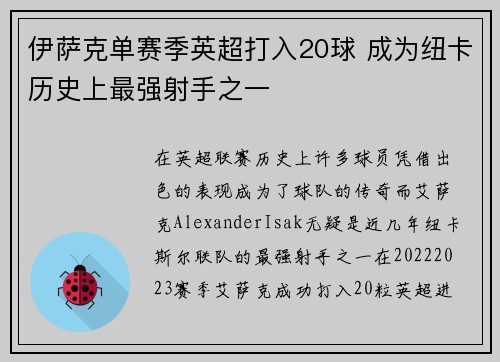 伊萨克单赛季英超打入20球 成为纽卡历史上最强射手之一